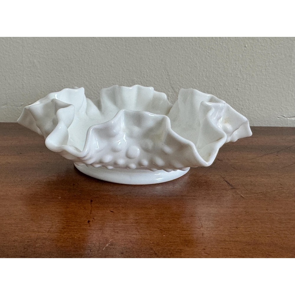 Vintage Fenton Glass Hobnail Milk Glass Bon Bon Dish Ruffled Edges